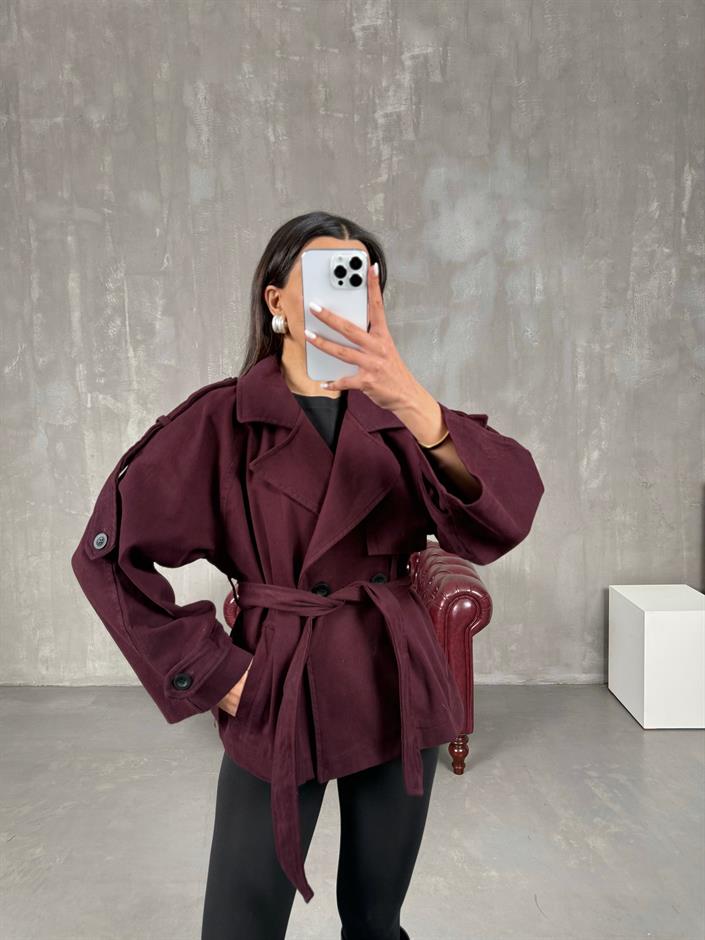 Vegas Mürdüm Kuşaklı Kısa Gabardin Trençkot