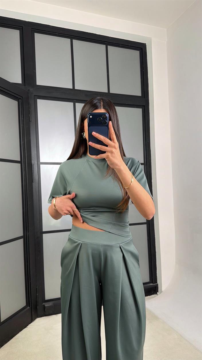 Yeşil Üst Beli Lastikli Pantolon Diagonel Kumaş Takım GAUS-01306