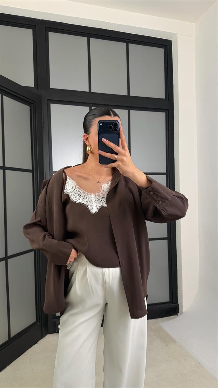 Acı Kahve Dantel Detaylı Birleşik Atlet Gömlek İkili Tencel Gömlek GAUS-01181