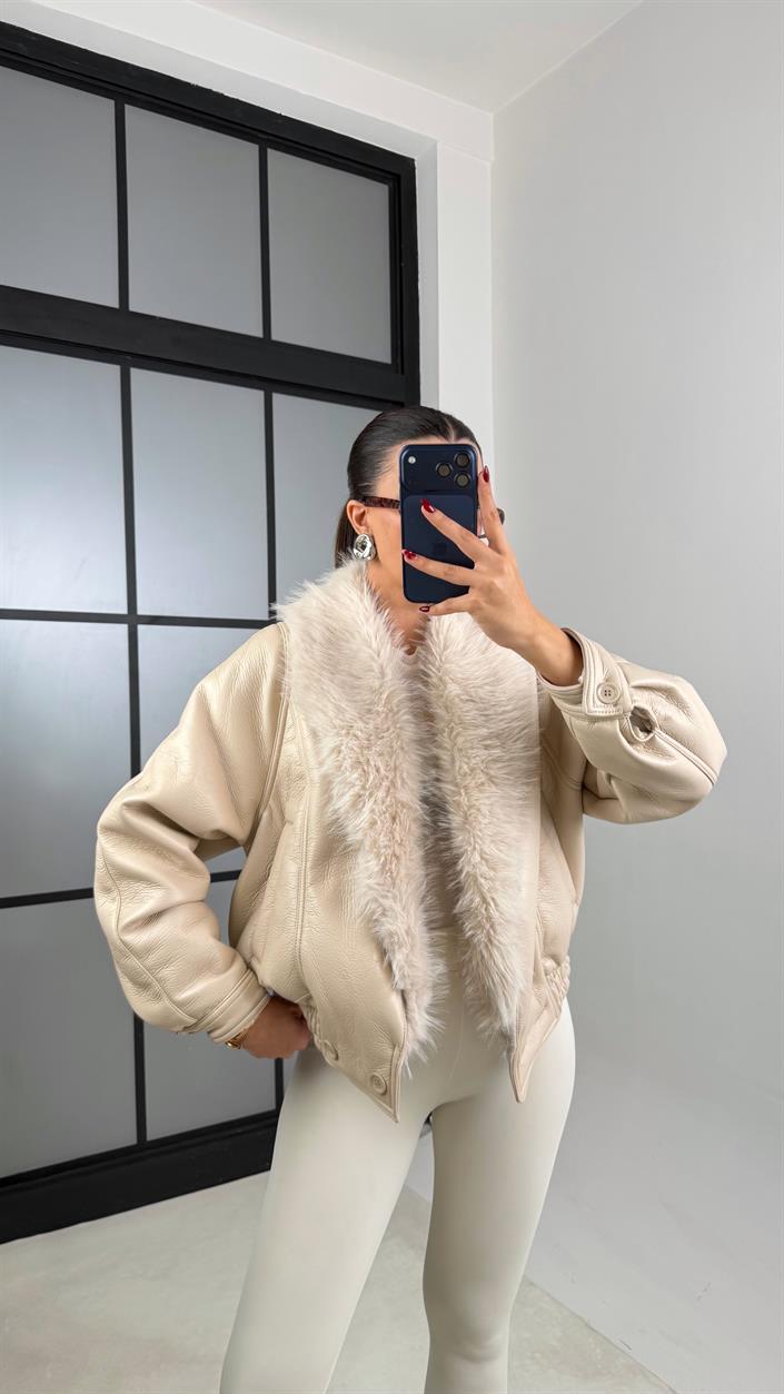 Bej Yaka Kürk Detaylı Astarlı Bomber Deri Ceket GAUS-00666