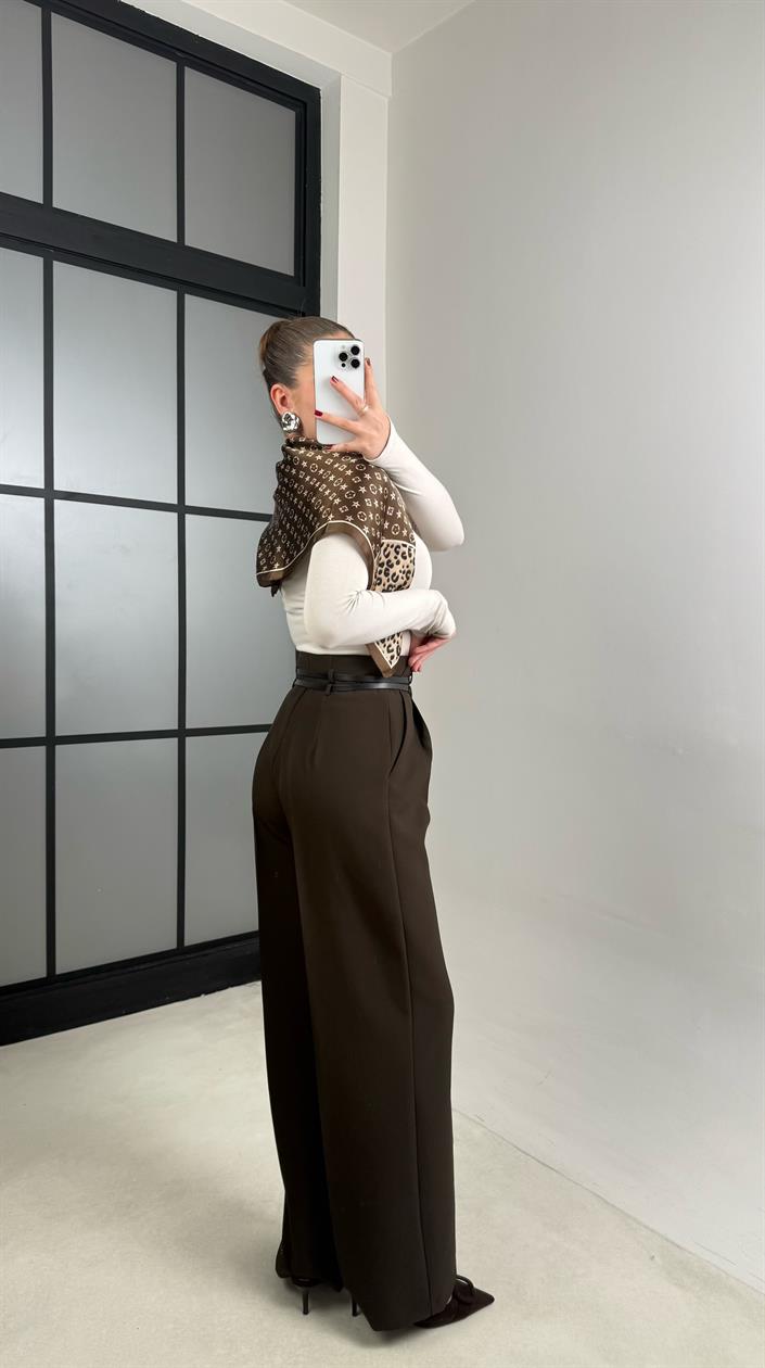 Acı Kahve Çift Kemerli Pileli Kumaş Pantolon GAUS-00896
