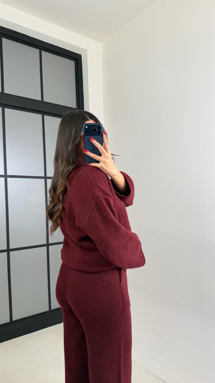Bordo Polo Yaka Kazak Beli Lastikli Pantolon Triko Takım GAUS-00874