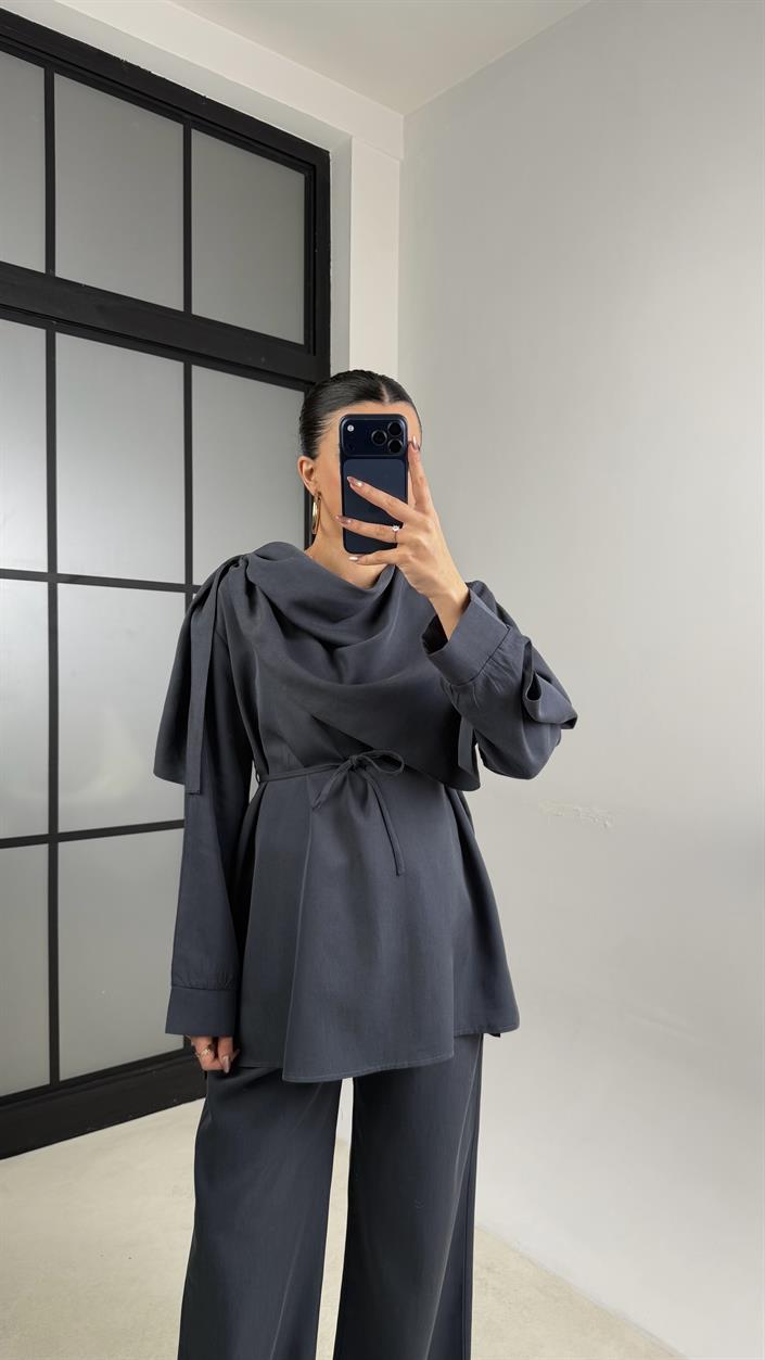 Antrasit Şal Detaylı Belden Kuşaklı Beli Lastikli İthal Kumaş İkili Takım GAUS-01154