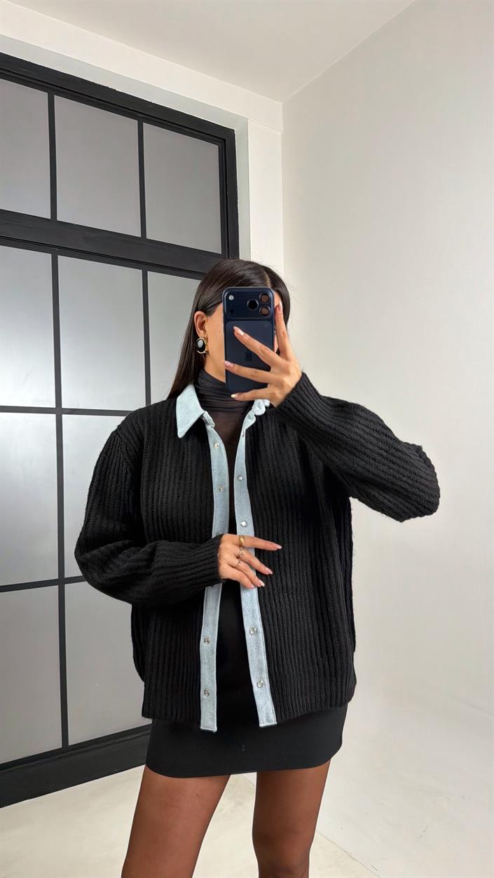 Siyah Denim Detaylı Örgü Hırka GAUS-00792