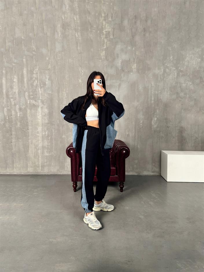 Lome Siyah Denim Karışımlı Şardonlu Oversize Takım