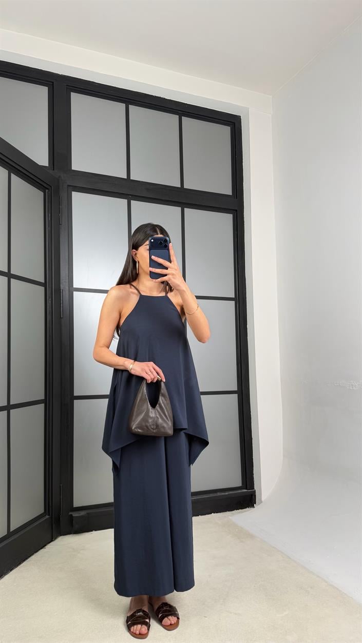 Lacivert Örgü Askılı Tencel Tulum GAUS-01436