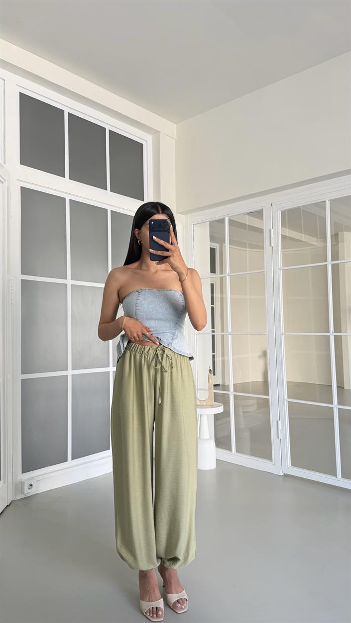 Yeşil Beli Lastikli Keten Şalvar Pantolon GAUS-01518