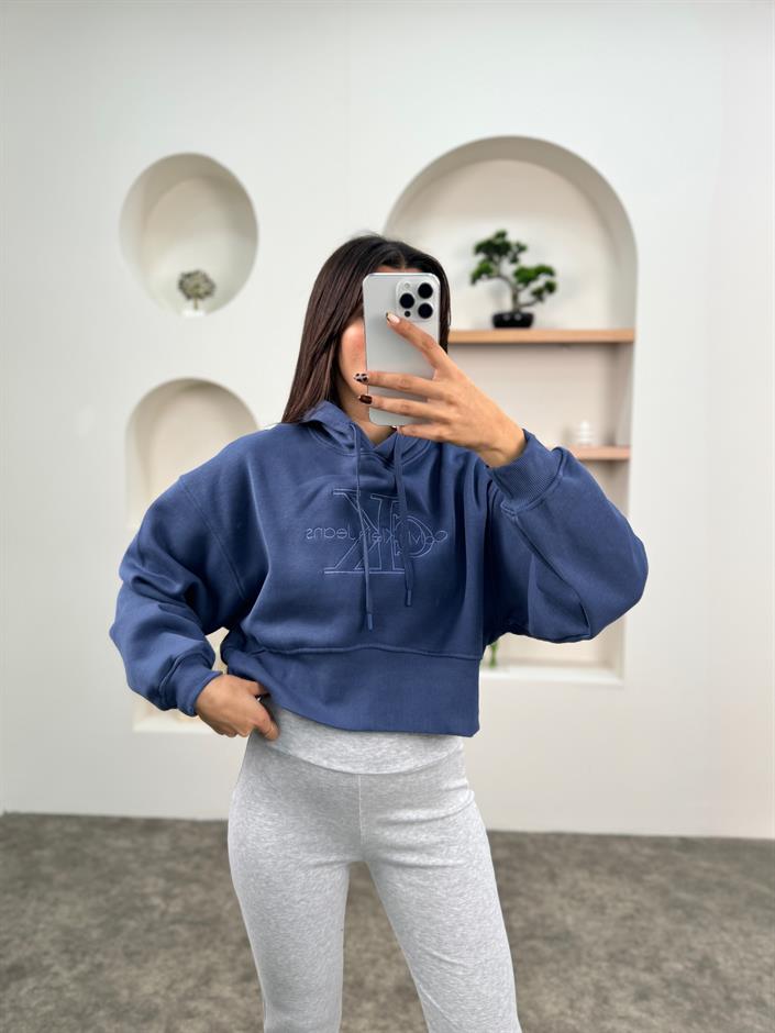 Jime Mavi Muadil Crop Kapüşonlu Şardonlu Sweatshirt