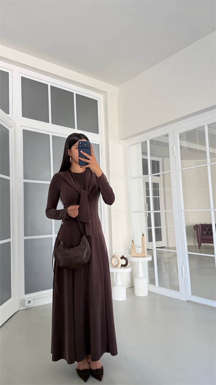 Kahve Şal Detaylı Modal Kumaş Elbise GAUS-01917