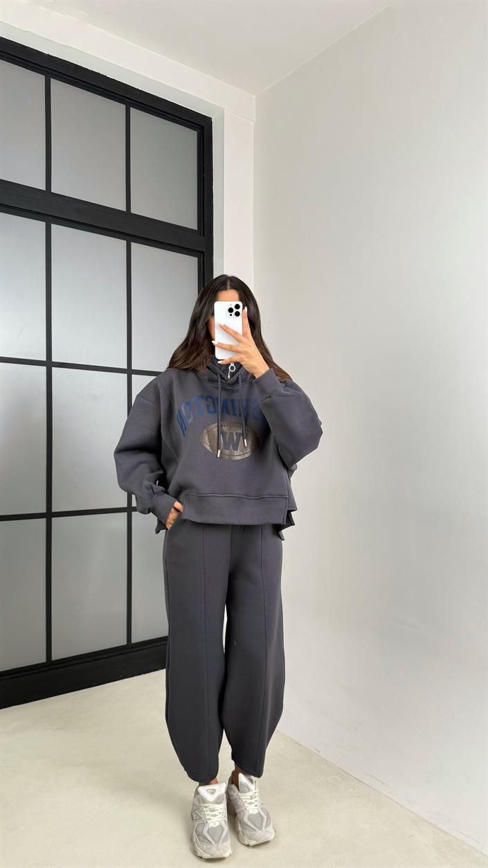 Antrasit Kapüşonlu Sweatshirt Beli Lastikli Pantolon 3 İplik Şardonlu Takım GAUS-00530
