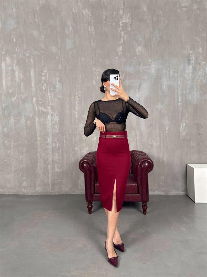 Bordo Yırtmaçlı Muadil Kalem Etek Gaus00047