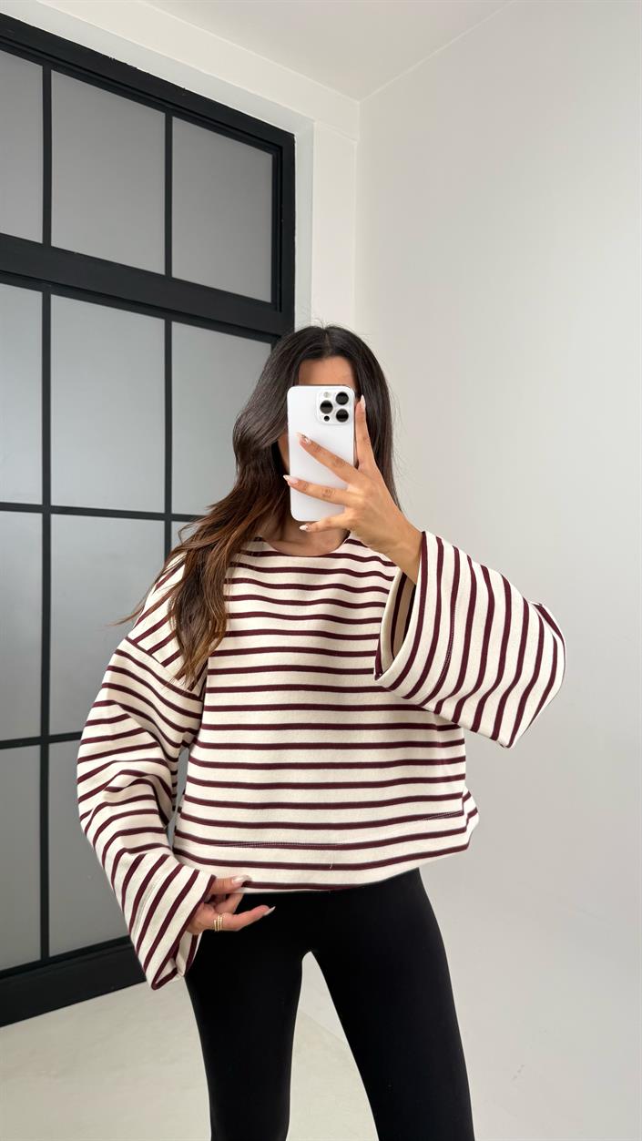 Bordo Çizgili Şardonlu Crop Kazak GAUS-00132