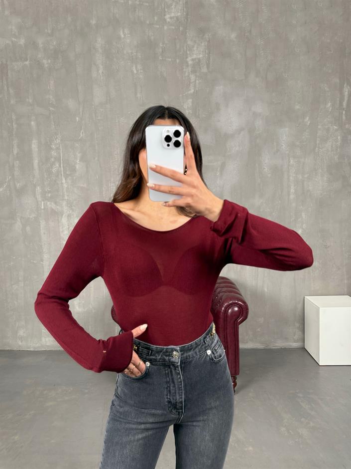Sarpe Bordo Transparan İnce Triko