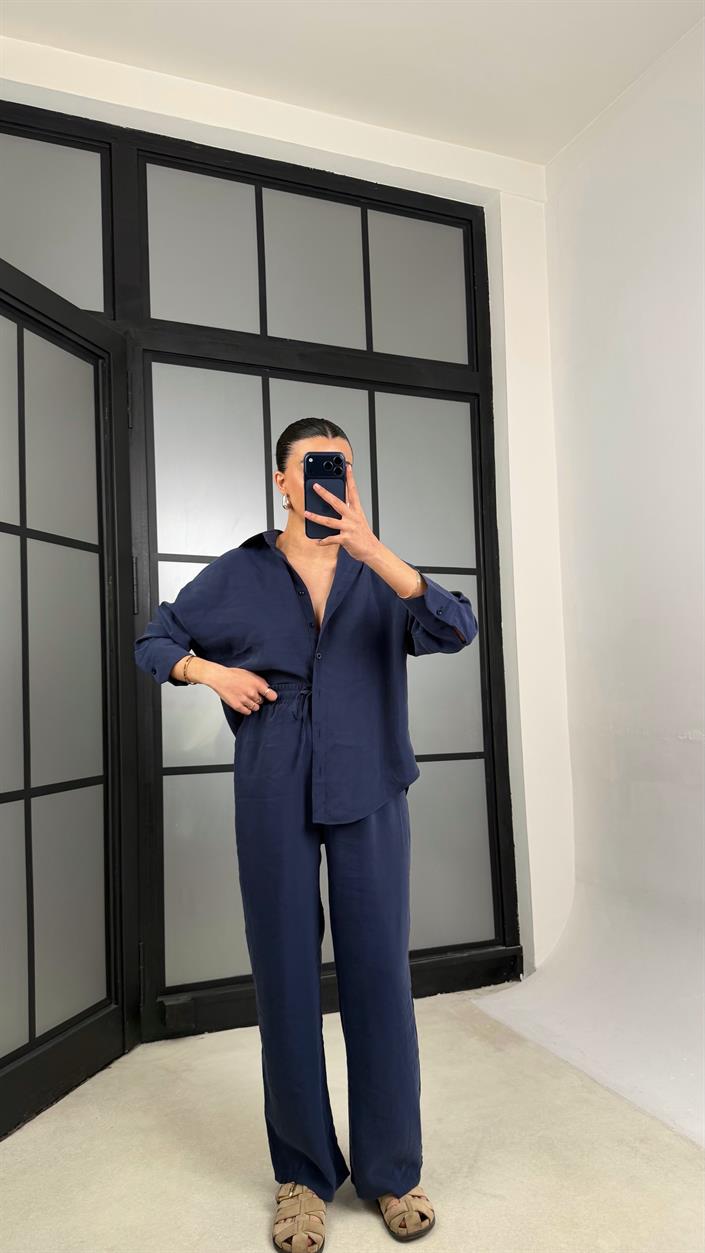 Lacivert MD Muadil Gömlek Beli Lastikli Pantolon Tencel Takım GAUS-01278