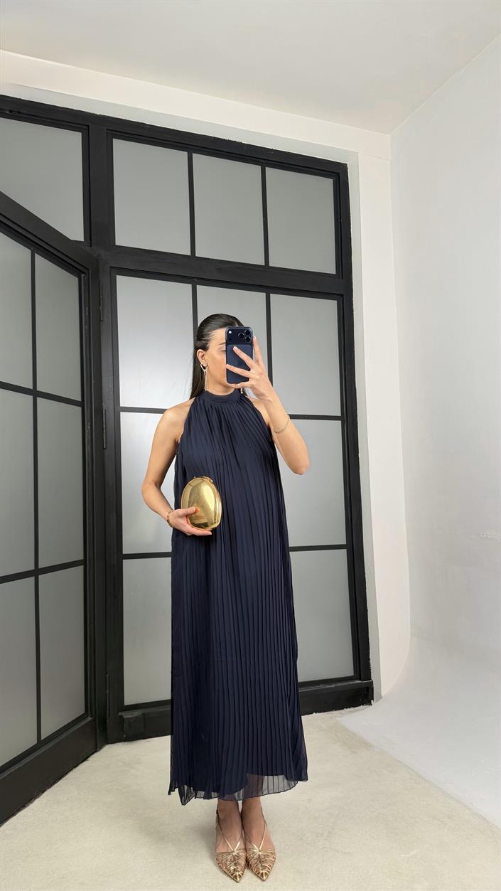 Lacivert Boyundan Bağlamalı Astarlı Pileli Tasarım Elbise GAUS-01363