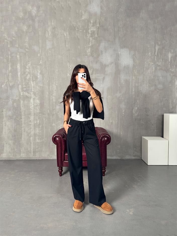 Foris Siyah Beli Lastikli Cepli ZR Poliviskon Pantolon