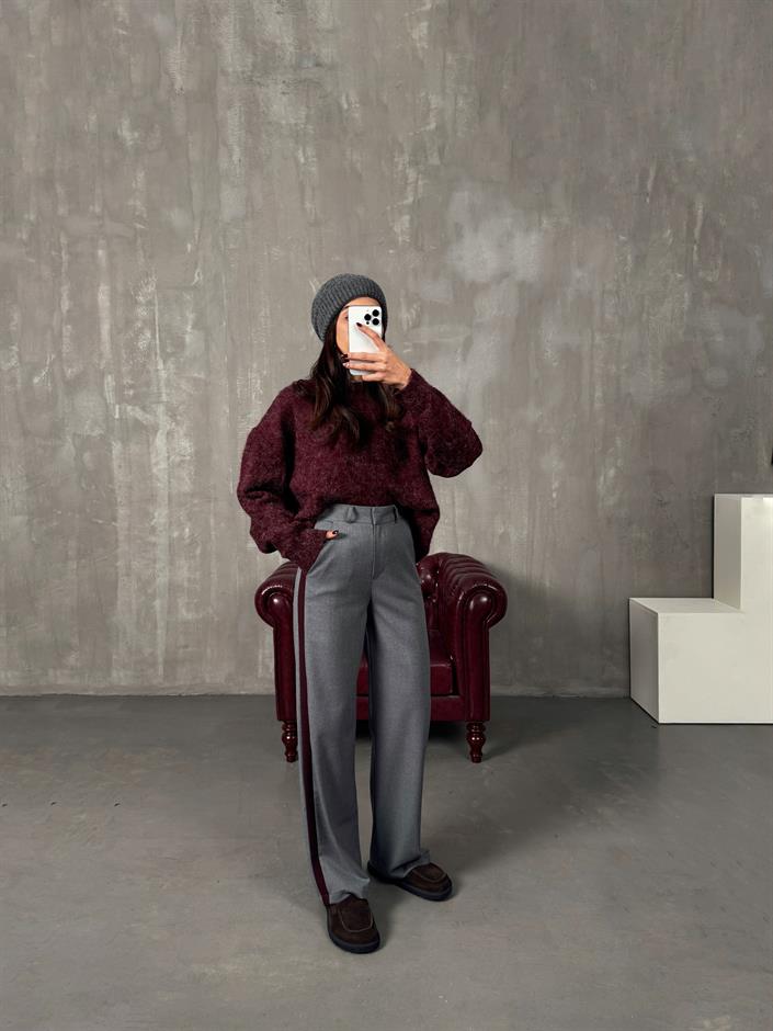 Rodni Gri Bordo Şeritli Yünlü Poliviskon Tasarım Pantolon