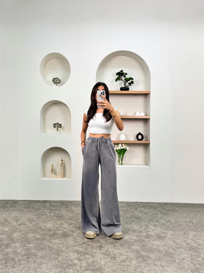 ZR Eskitme Gri Beli Lastikli Eşofman Altı