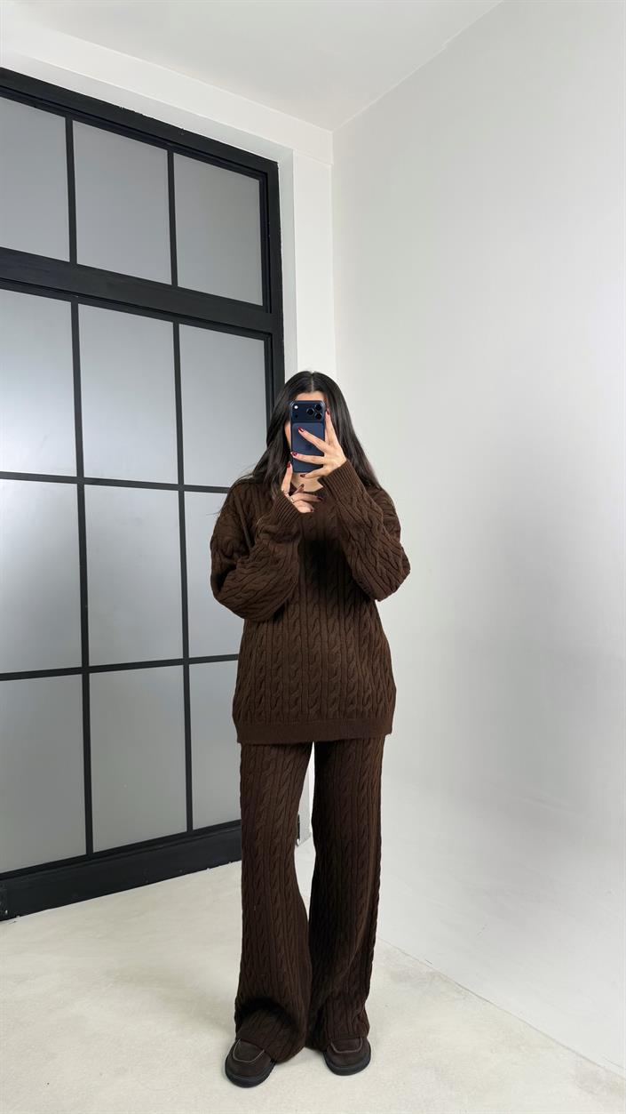 Kahve Saç Örgülü Kazak Beli Lastikli Pantolon Triko Takım GAUS-00592