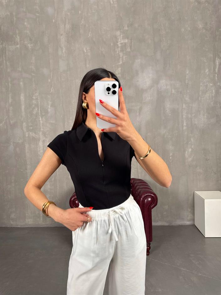 Siyah Polo Yaka Ön Fermuarlı Tshirt Gaus00191
