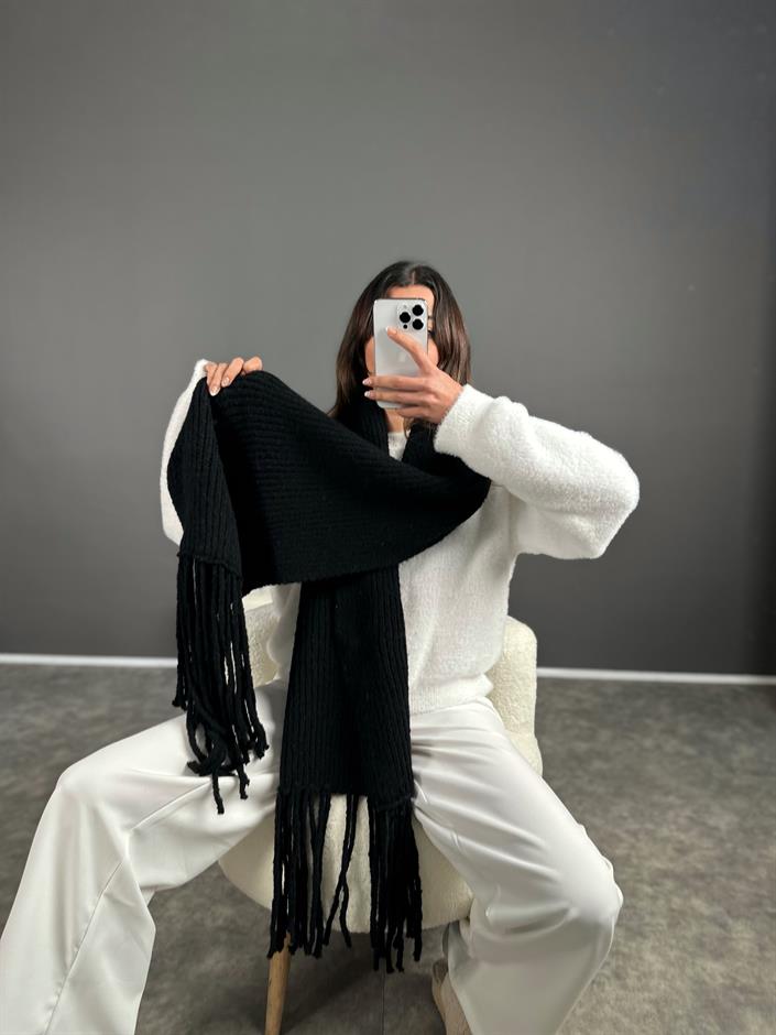 Siyah Pinterest Saçaklı Atkı