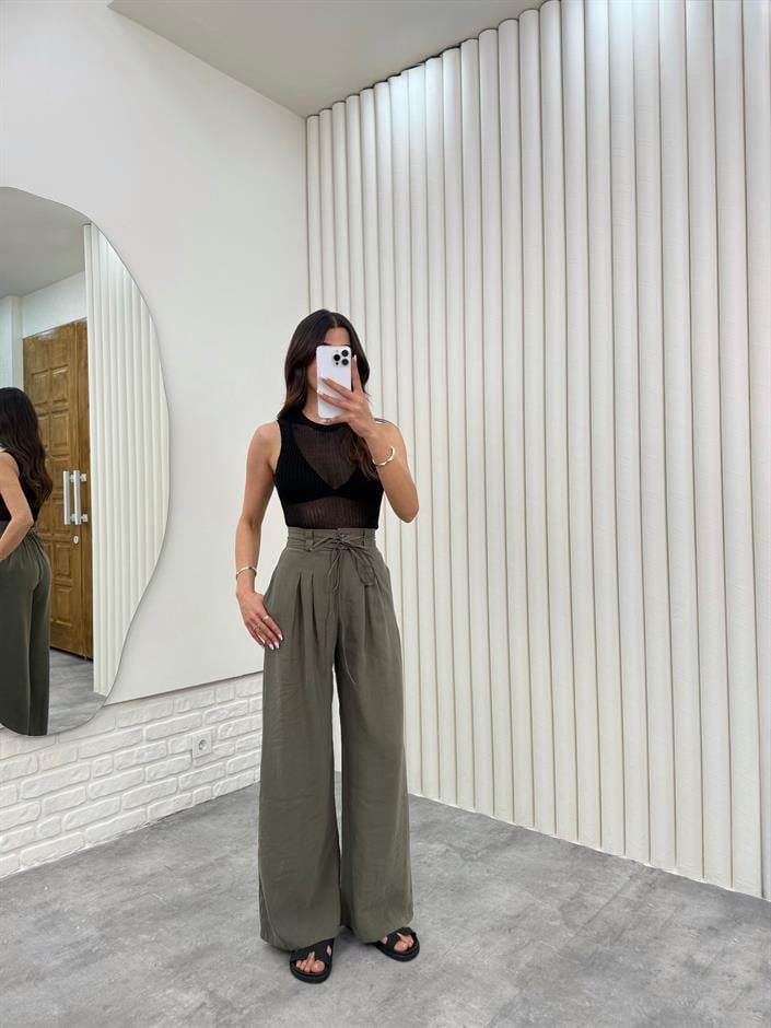 Haki Kuşaklı Tensel Kırışık Kumaş Palazzo Pantolon Gaus00302