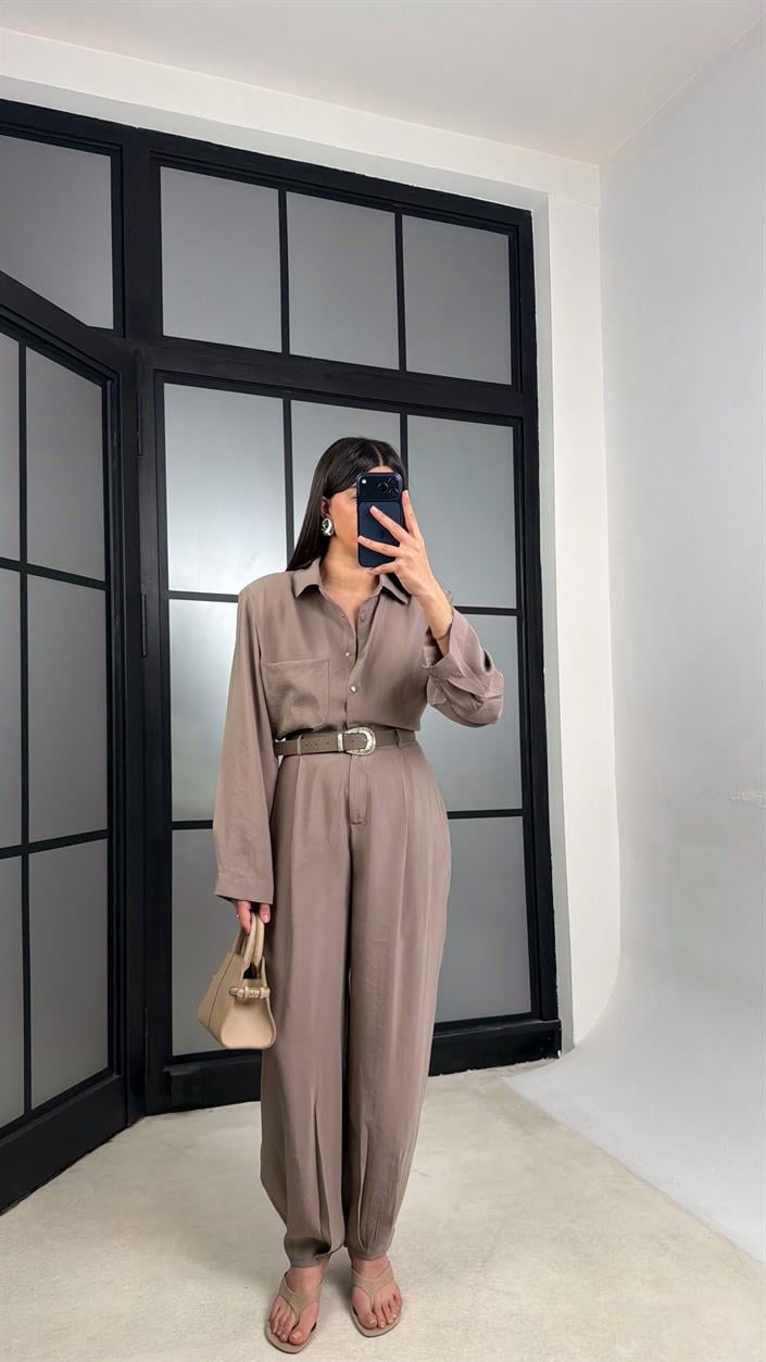 Vizon Vatkalı Gömlek Kemerli Pantolon İkili Tencel Takım GAUS-01319