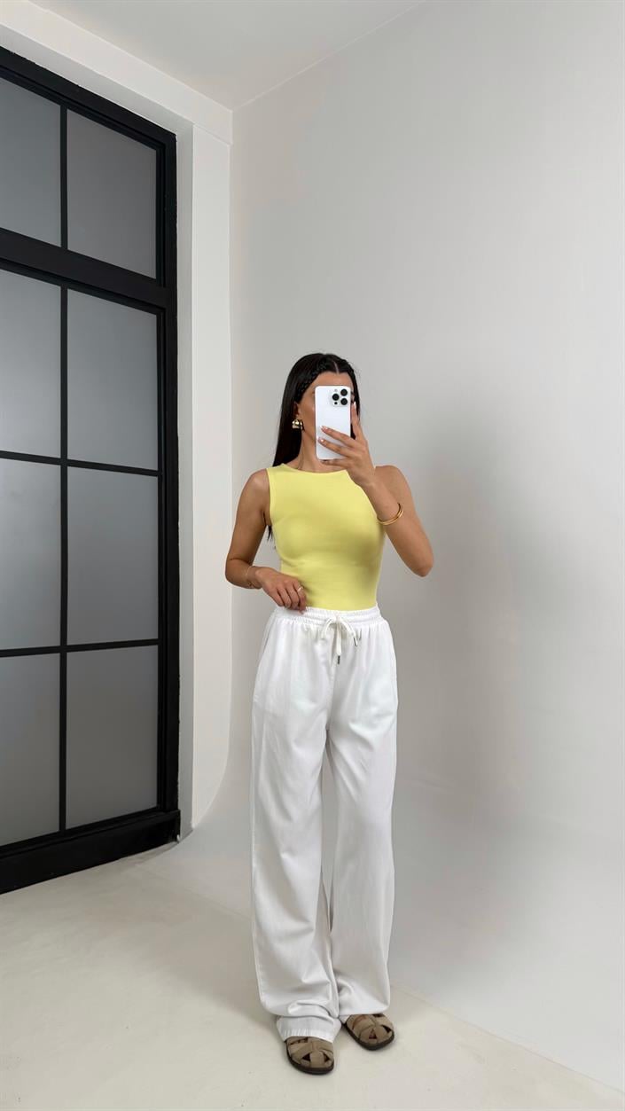 Beyaz Beli Lastikli Muadil Gabardin Pantolon Gaus00557
