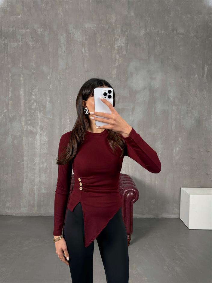 Neva Bordo Düğme Detaylı  Bluz