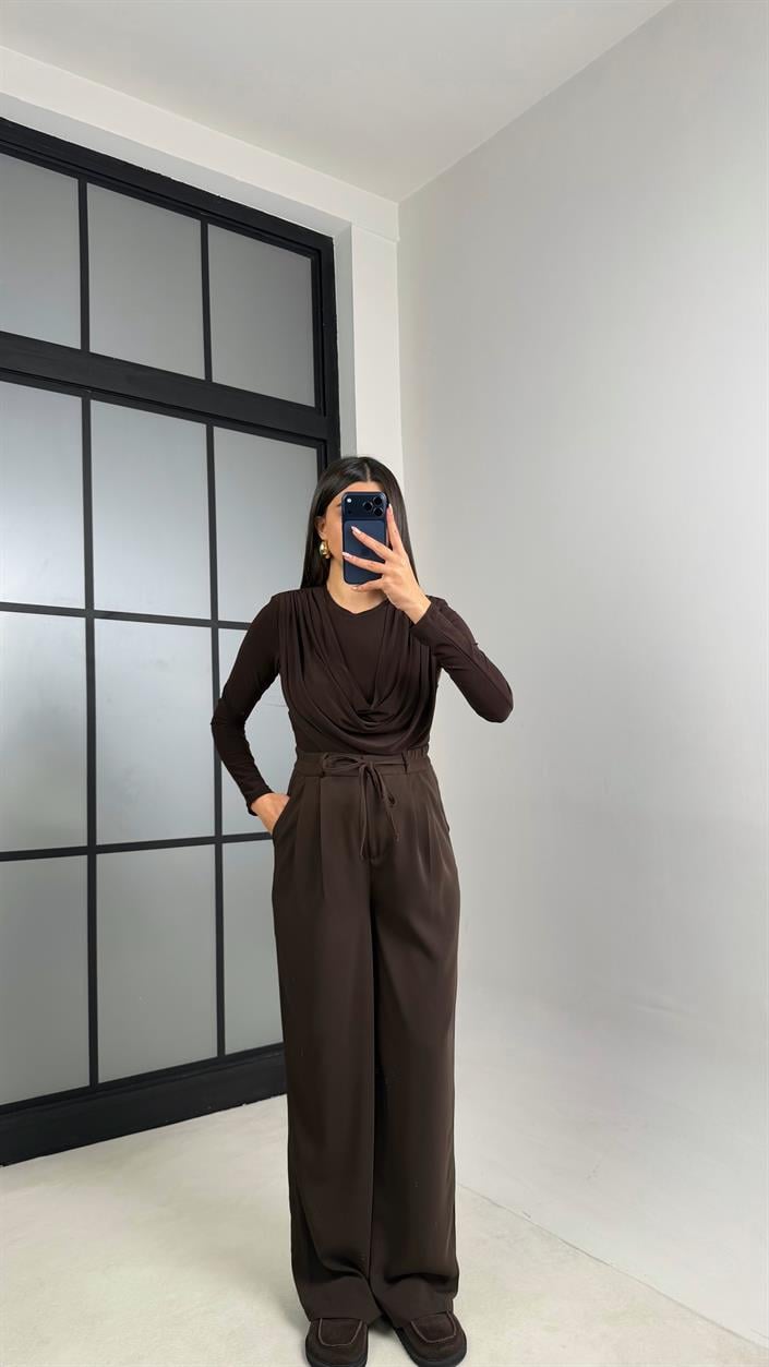 Acı Kahve Beli Lastikli Kuşaklı İthal Kumaş Pantolon GAUS-00869