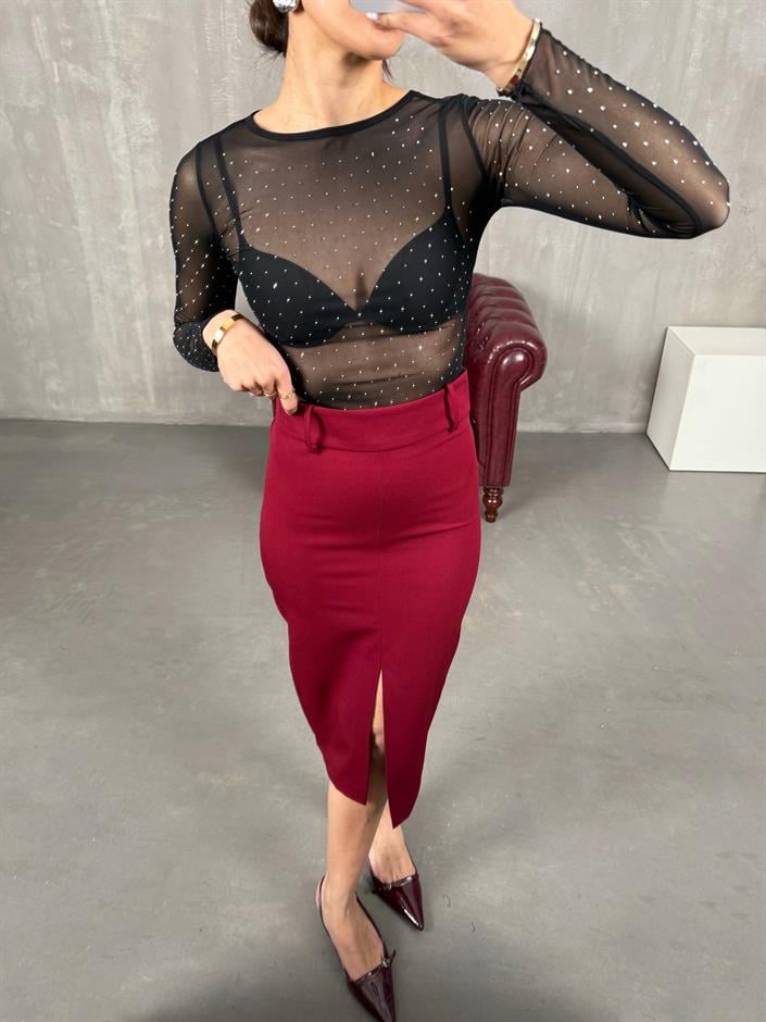 Bordo Yırtmaçlı Muadil Kalem Etek Gaus00047