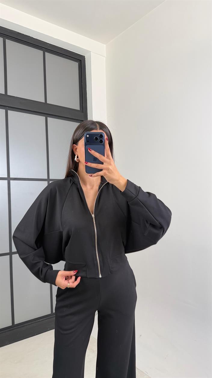 Siyah Fermuarlı Hırka Beli Lastikli Pantolon Modal Takım GAUS-00665