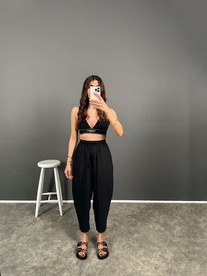 Wil Siyah İthal Kumaş Beli Lastikli Şalvar Pantolon 