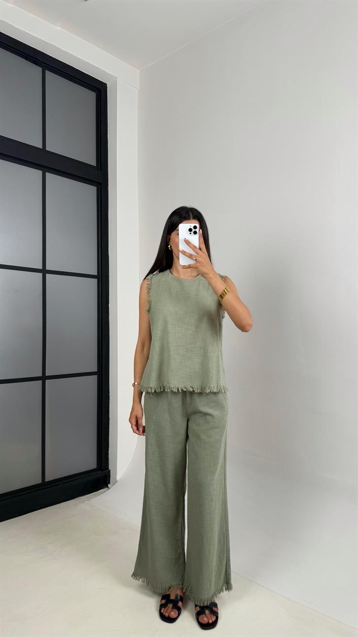 Yeşil Püskül Detaylı Bluz Beli Lastikli Cepli Pantolon Keten Takım Gaus00646 
