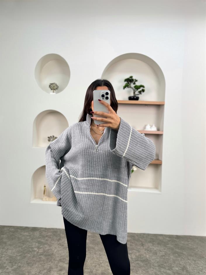 Leno Gri Fermuarlı Oversize Triko Kazak