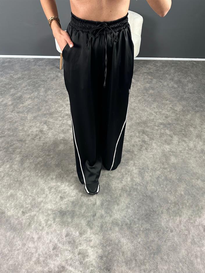 Siyah Saten Şeritli Beli Lastikli Pantolon 