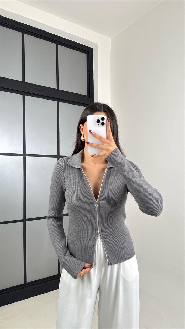 Gri Çift Fermuarlı Fitilli Hırka GAUS-00461