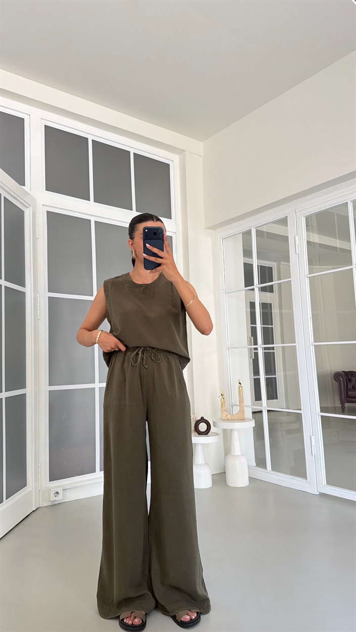 Yeşil Bluz Beli Lastikli Pantolon Yıkamalı Tencel Takım GAUS-01795