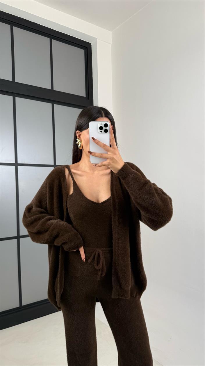 Kahve 3lü Peluş Tüylü Takım GAUS-00441