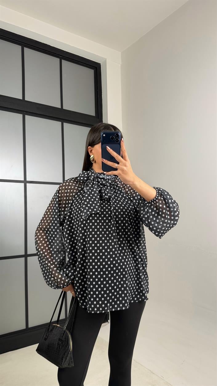 Siyah Puantiyeli Şall Detaylı Şifon Gömlek GAUS-01108