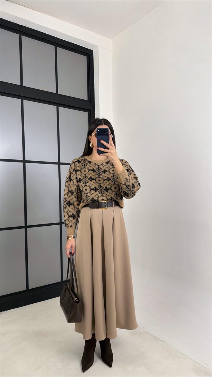 Camel Kemerli Pile Detaylı Kumaş Etek GAUS-00701