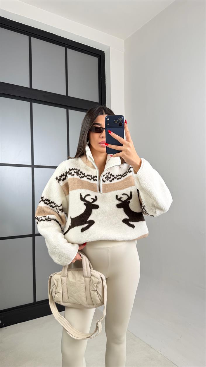Vizon Fermuarlı Geyik Desenli Polar Sweatshirt GAUS-00723 GAUS-01022