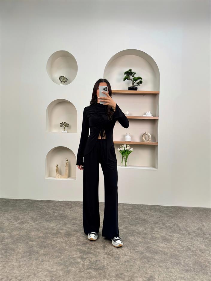 Katty Siyah Sandy Kumaş Büzgülü Üst Alt Takım