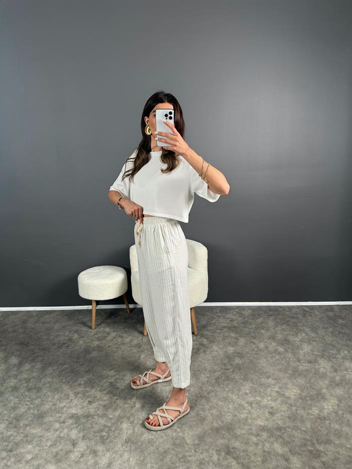 Keten Mavi Çizgili Pantolon 