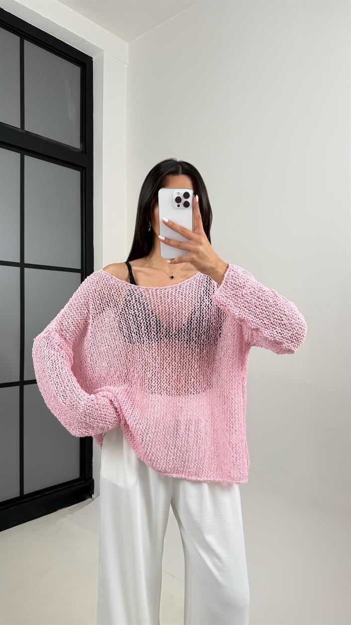Pembe Ajurlu Triko Bluz Gaus00372