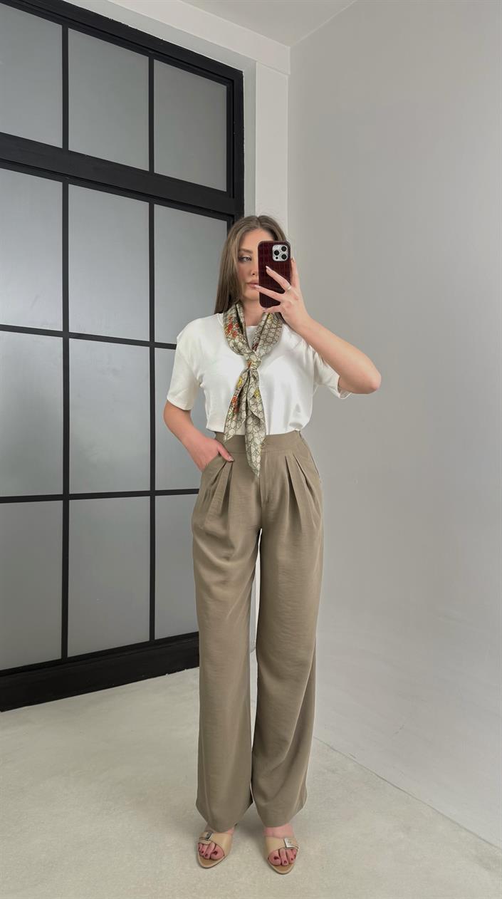 Haki Beli Lastikli Pile Detaylı Tencel Pantolon GAUS-00995