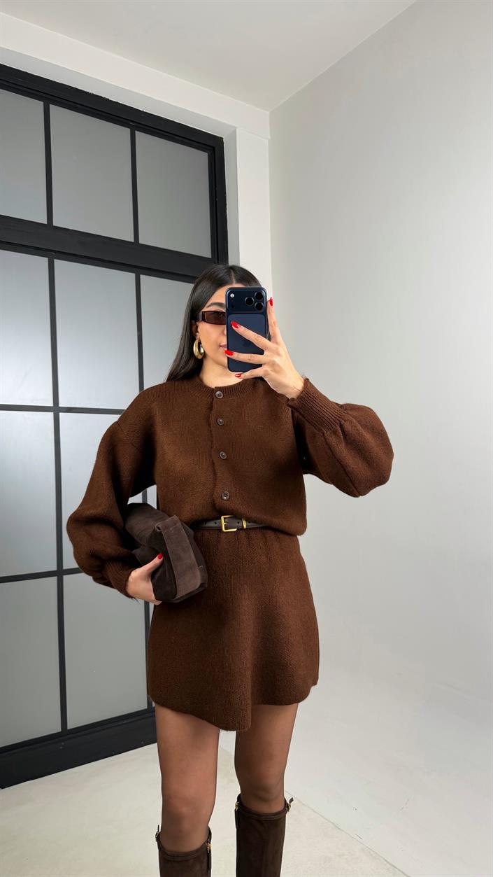 Kahve Hırka Beli Lastikli Etek İkili Triko Takım GAUS-00899