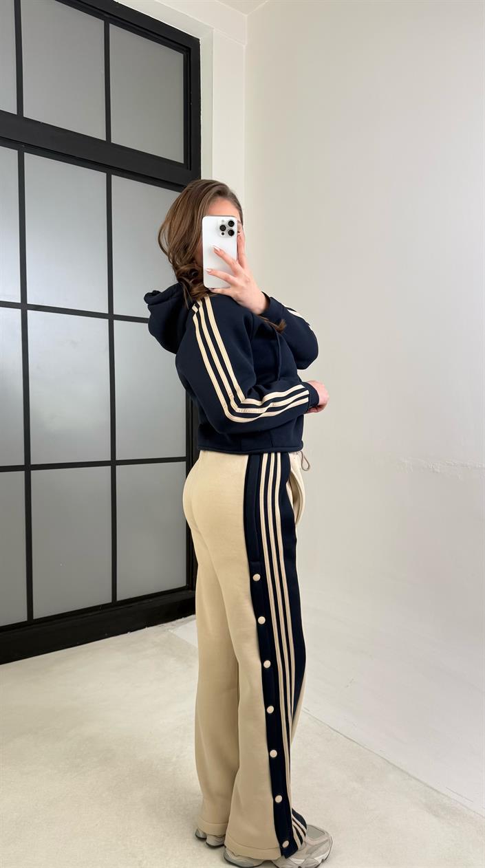 Lacivert Şerit Detaylı Sweatshirt Beli Lastikli Eşofman Şardonlu Takım GAUS-01073