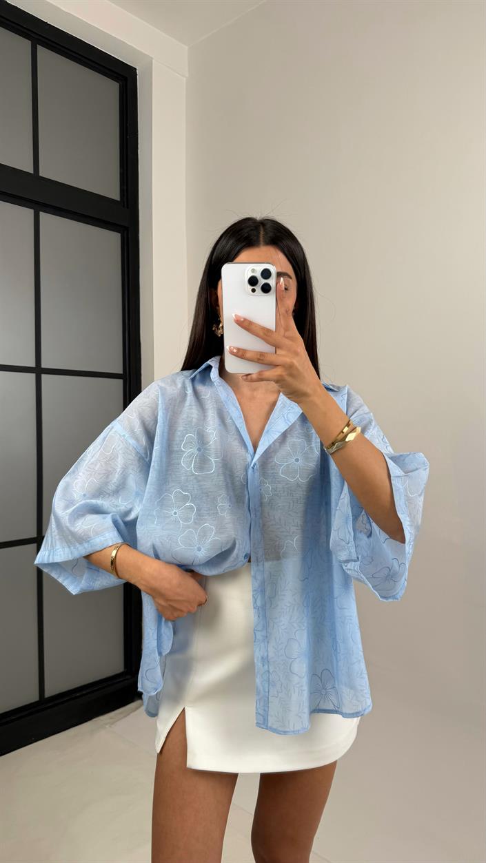 Mavi Çiçek Desenli Tencel Gömlek Gaus00544