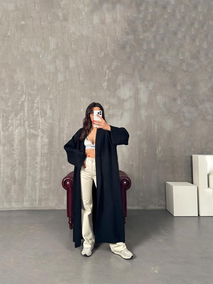 Nivera Siyah Oversize Premium Uzun Hırka